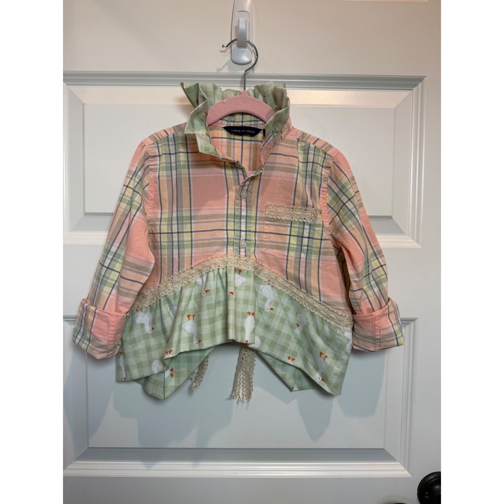 Janie and Jack x Miranda Girls Pink Green Plaid Goose Print Lace Shirt Size 3/4